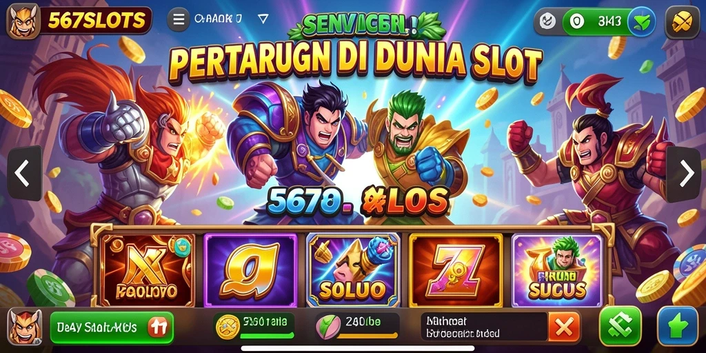 Tampilan gameplay 567SLOTS di arena pertarungan slot yang penuh warna.