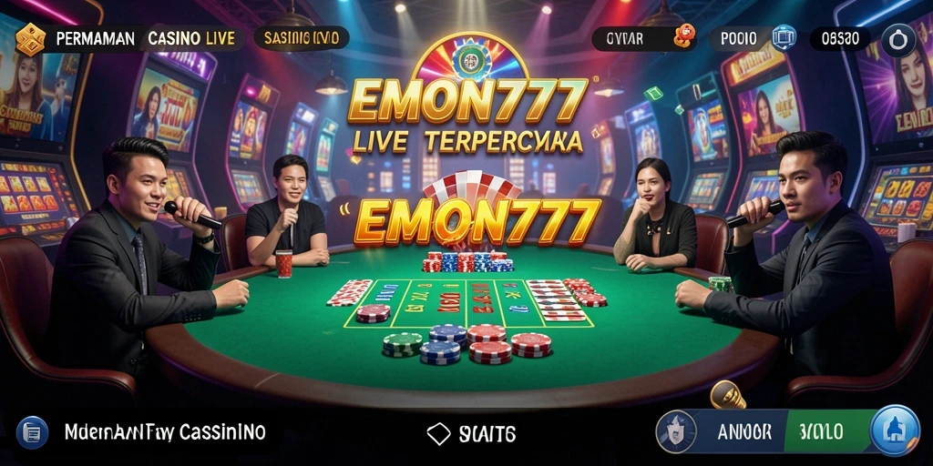 Screenshot gameplay EMON777 yang menampilkan dealer langsung di Casino.