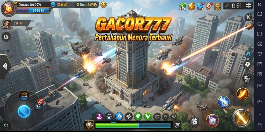 Tampilan gameplay GACOR777 dengan menara yang sedang beroperasi dan musuh yang menyerang.
